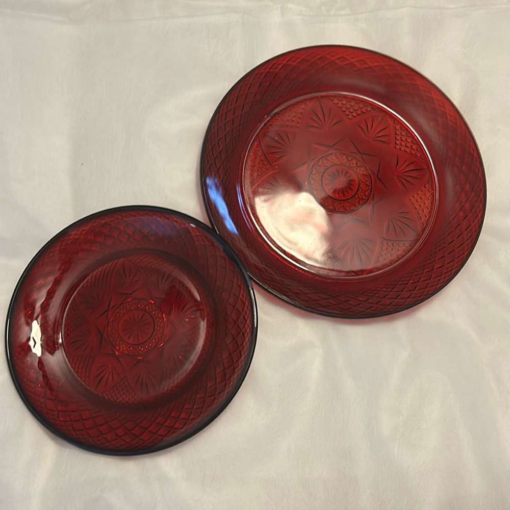2 Vintage, Cristal d'Arques-Durand Ruby Red Pressed Glass Plate 10” & 8”